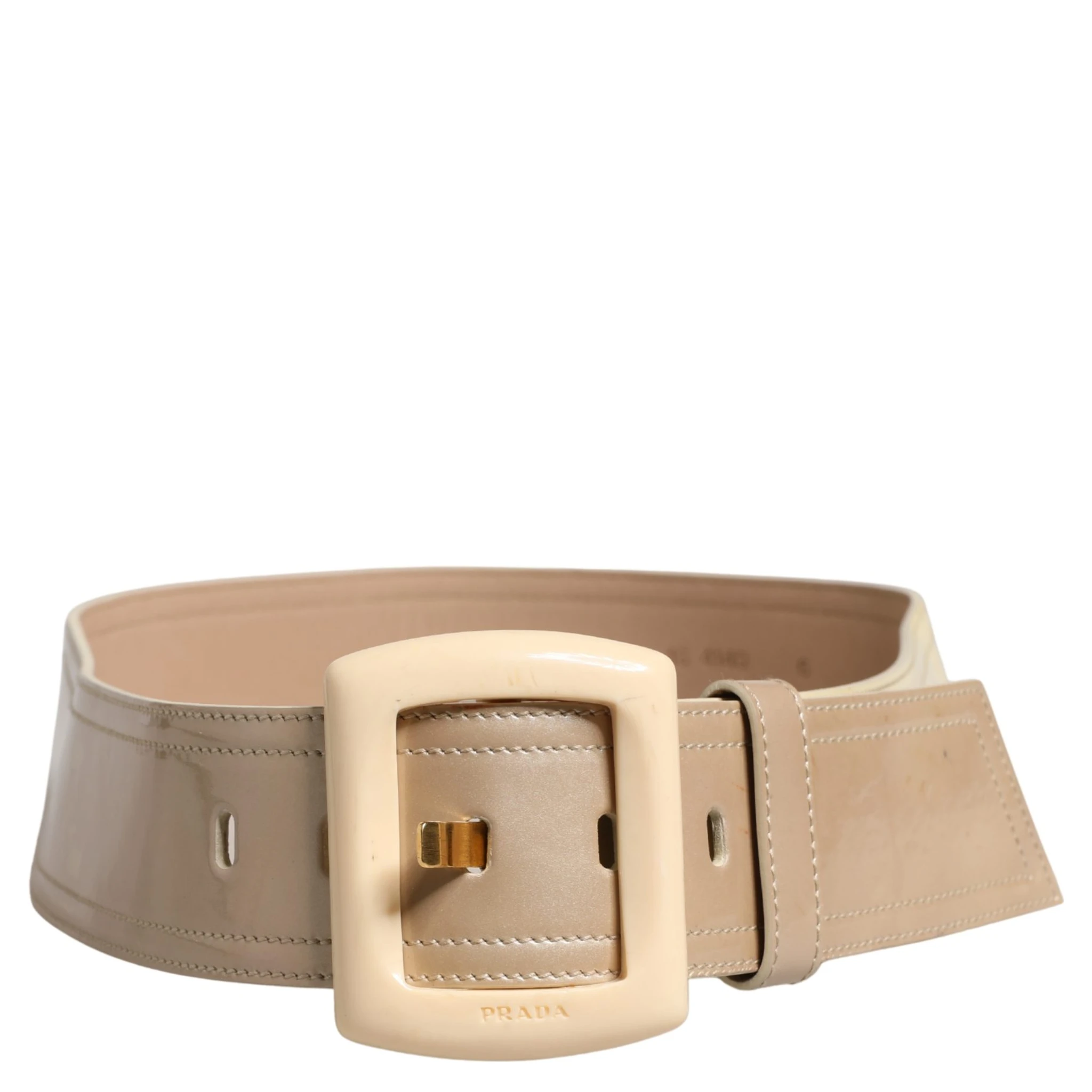 Beige Leather Logo Wide Waist Women Square Buckle Belt
