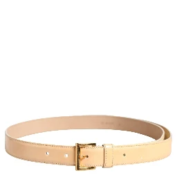 Beige Leather Logo Waist Women Gold Metal Buckle Belt