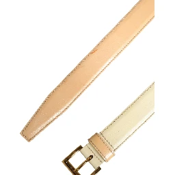 Beige Leather Logo Waist Women Gold Metal Buckle Belt