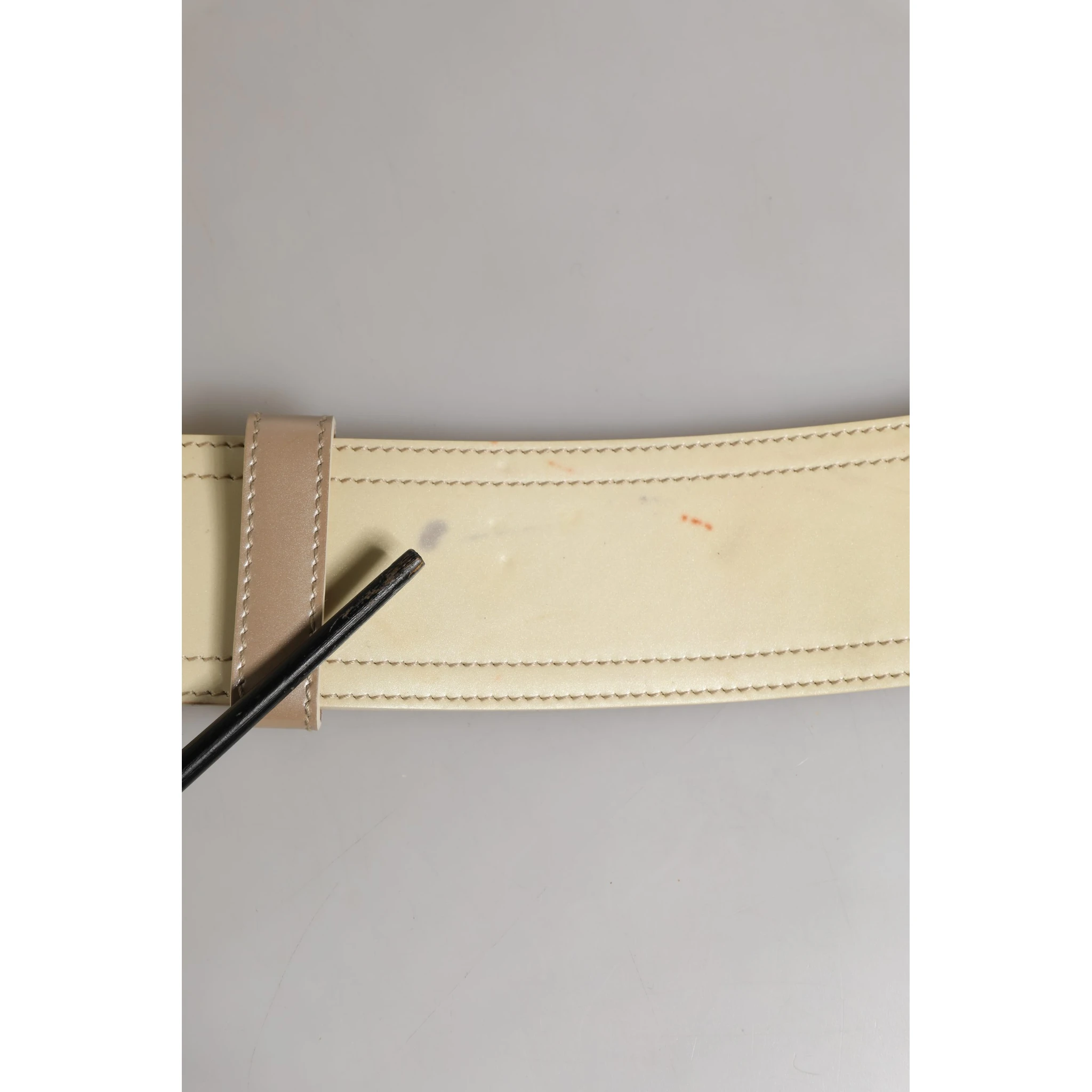 Beige Leather Logo Wide Waist Women Square Buckle Belt