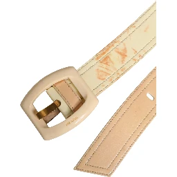 Beige Leather Logo Wide Waist Women Square Buckle Belt