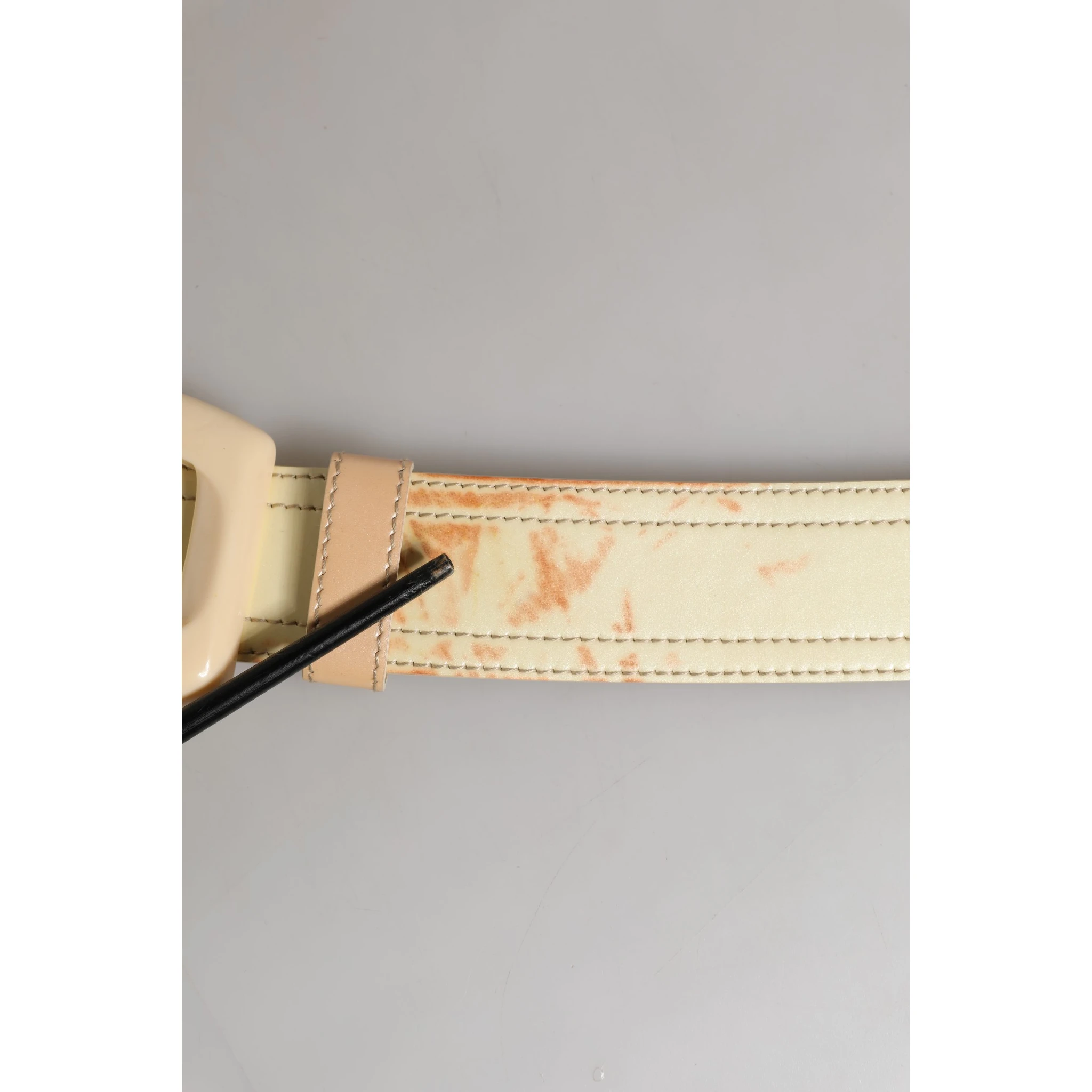 Beige Leather Logo Wide Waist Women Square Buckle Belt